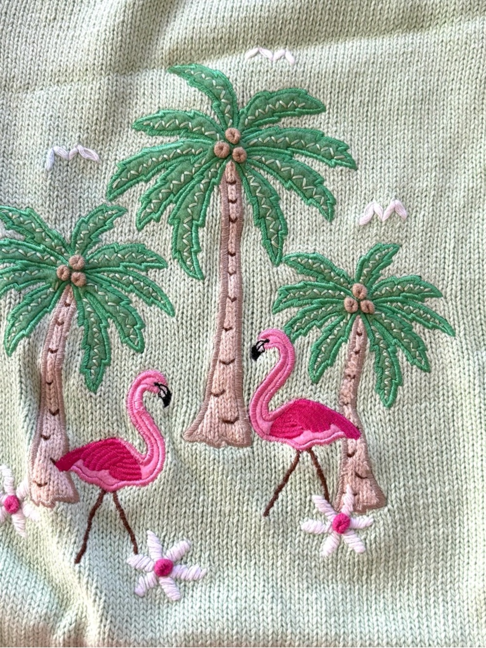 Vintage Mandal Bay Green Pink Tropical Flamingo Palm Cotton Knit Vest SZ L - Picture 6 of 11